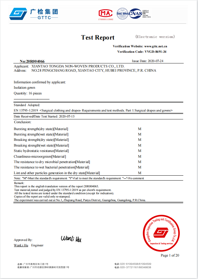 EN 13795-Test Report For Isolation Gown